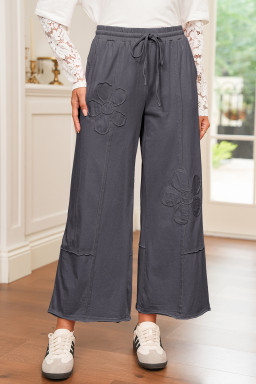 Light Grey Flower Patch Mineral Washed Cropped Wide Leg Pants