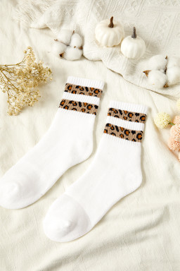 White Leopard Double Stripe Crew Socks
