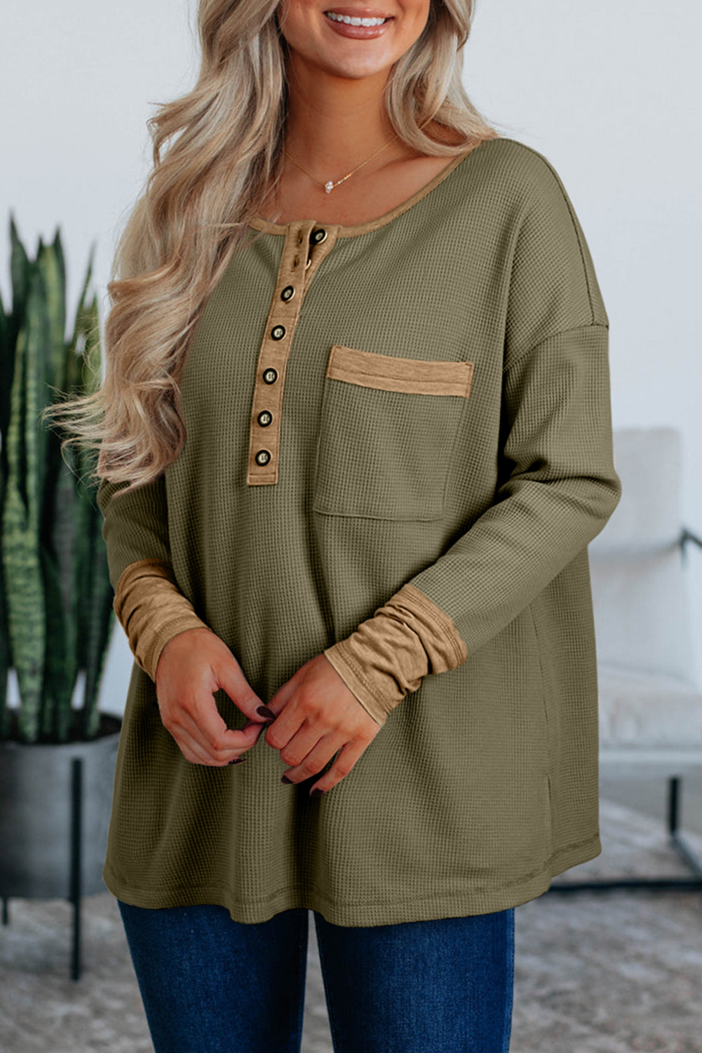 Vineyard Green Waffle Textured Patchwork Tunic Henley Top