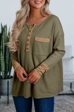 Vineyard Green Waffle Textured Patchwork Tunic Henley Top