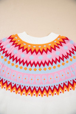 White Ethnic Geometric Colorblock Pattern Drop Shoulder Sweater