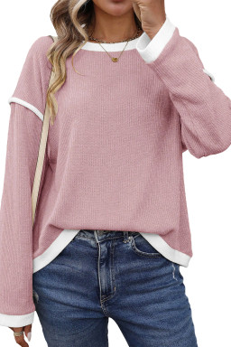 Light Pink Contrast Color Trim Knit Drop Shoulder Loose Top