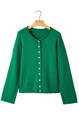 Bright Green Solid Color Button Drop Shoulder Knit Cardigan