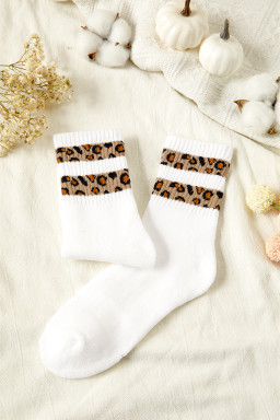 White Leopard Double Stripe Crew Socks