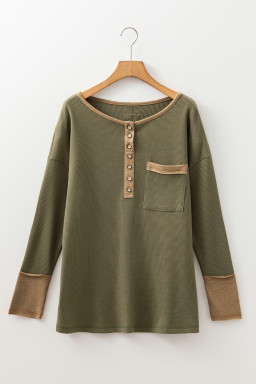 Vineyard Green Waffle Textured Patchwork Tunic Henley Top