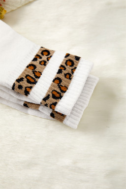 White Leopard Double Stripe Crew Socks
