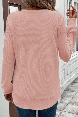 Gossamer Pink Rounded Hem Waffle Plain Long Sleeve Top