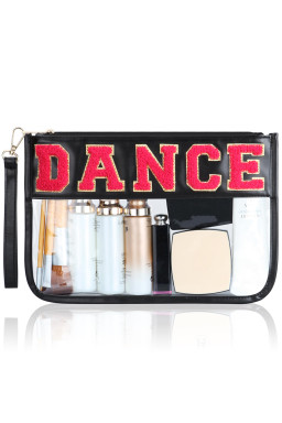 Black Dance Chenille Letter Zipper Varsity Clear Makeup Bag