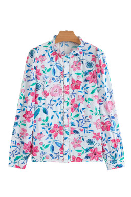 Pink Floral Print Lace Detail Button-up Long Sleeve Shirt
