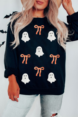 Black Halloween Ghost Bow Sequin Patched Drop Shoulder Sweatshirt