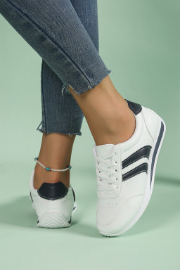 White PU Leather Striped Lace Up Casual Sneakers