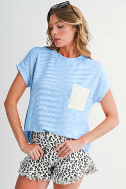 Dark Blue Corded Knit Color Block Pocketed Crew Neck T Shirt