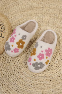 White Floral Fuzzy Winter Slippers