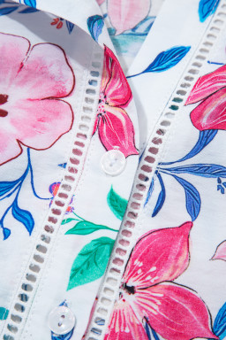 Pink Floral Print Lace Detail Button-up Long Sleeve Shirt