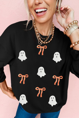 Black Halloween Ghost Bow Sequin Patched Drop Shoulder Sweatshirt