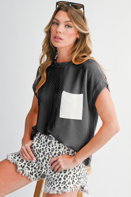 Carbon Grey Corded Colorblock Pocket Crew Neck T Shirt