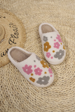 White Floral Fuzzy Winter Slippers