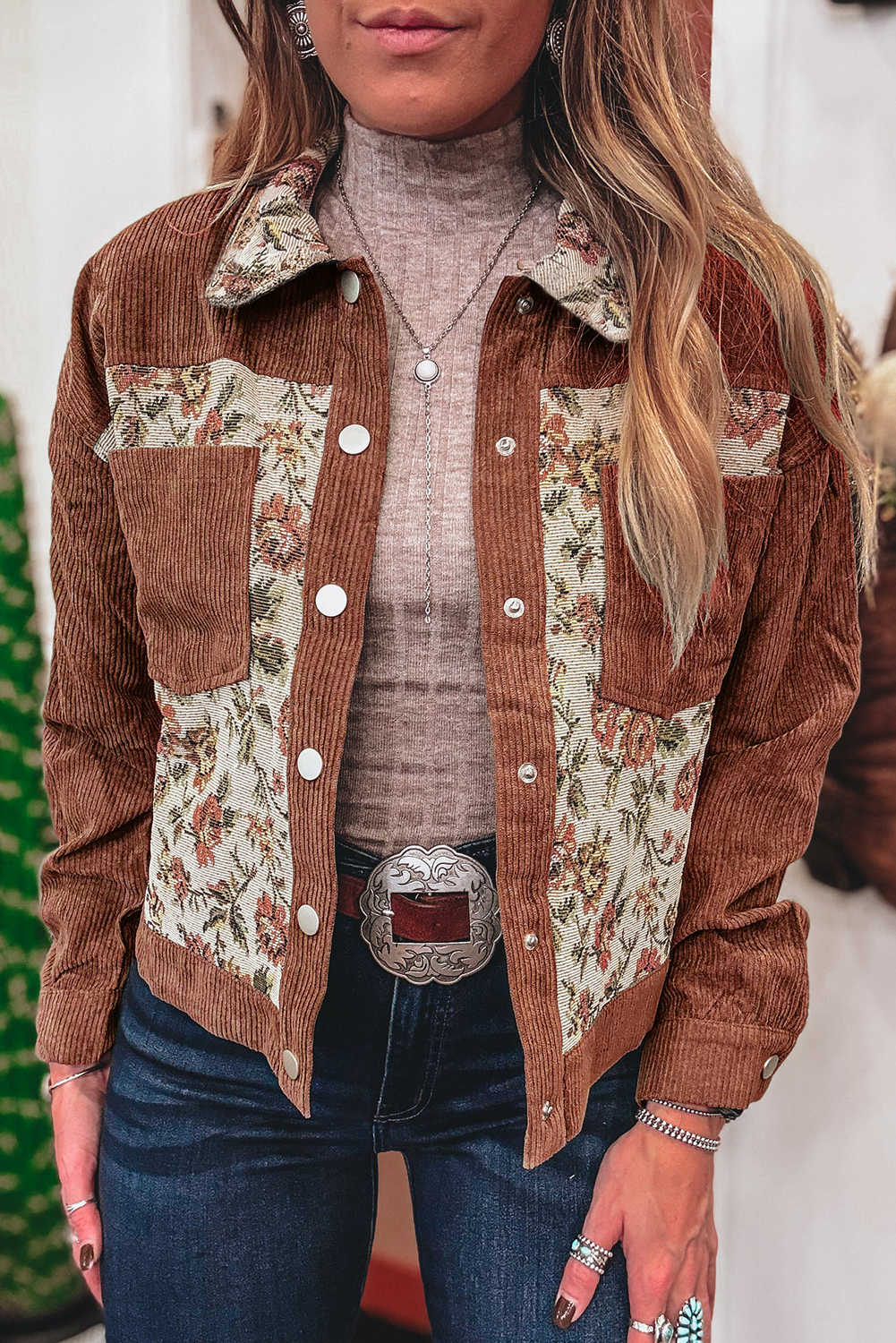 Clay Ribbed Retro Floral Patchwork Jacket