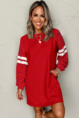 Fiery Red Preppy Striped Sleeve Loose Mini Dress