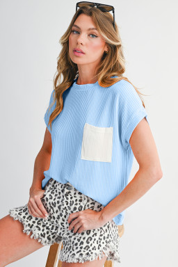 Dark Blue Corded Knit Color Block Pocketed Crew Neck T Shirt