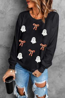 Black Halloween Ghost Bow Sequin Patched Drop Shoulder Sweatshirt