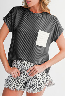 Carbon Grey Corded Colorblock Pocket Crew Neck T Shirt