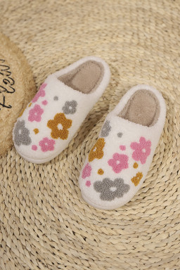White Floral Fuzzy Winter Slippers