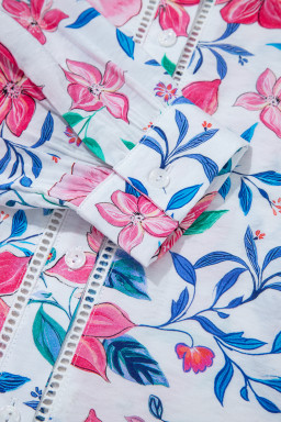 Pink Floral Print Lace Detail Button-up Long Sleeve Shirt