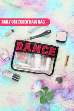 Black Dance Chenille Letter Zipper Varsity Clear Makeup Bag