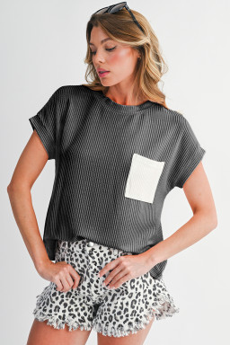 Carbon Grey Corded Colorblock Pocket Crew Neck T Shirt