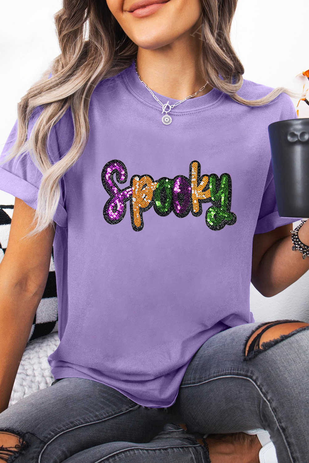 Wisteria Spooky Sequin Letter Patched Cotton Blend T Shirt