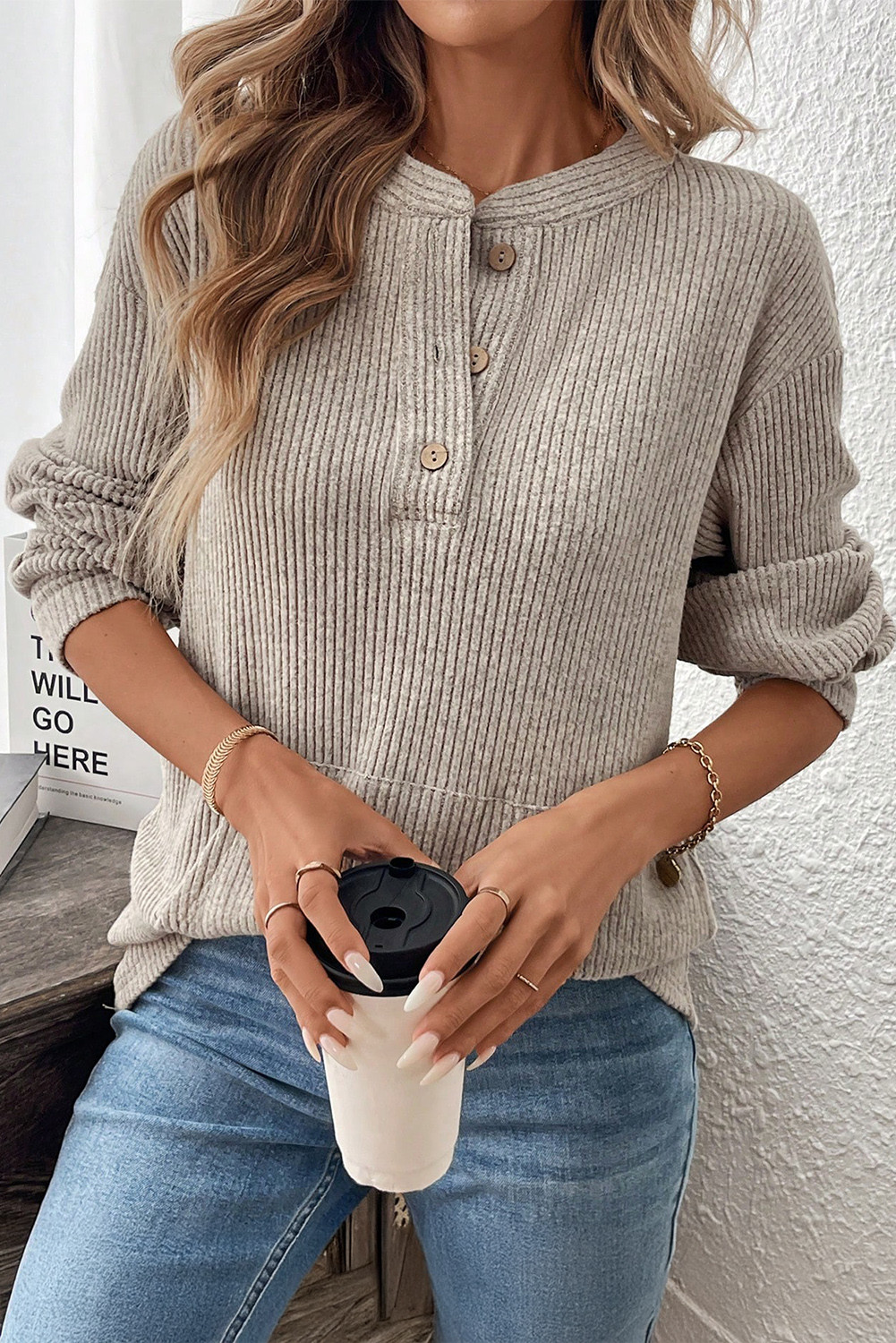 Simply Taupe Ribbed Texture Drop Shoulder Henley Knit Top