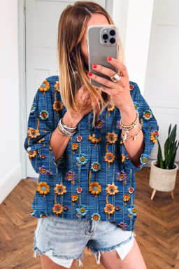 Blue Floral Patchwork Collared V Neck Blouse