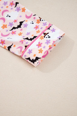 Pink Cute Floral Halloween Ghost Print Long Pajama Set