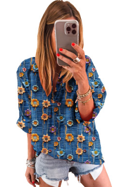Blue Floral Patchwork Collared V Neck Blouse
