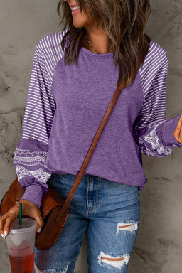 Tillandsia Purple Contrast Print Striped Raglan Long Sleeve Loose Top
