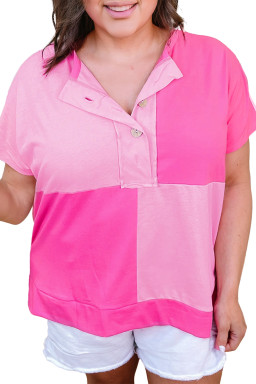 Bright Pink Colorblock Patchwork Short Sleeve Plus Size Henley Top