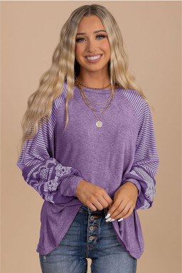 Tillandsia Purple Contrast Print Striped Raglan Long Sleeve Loose Top