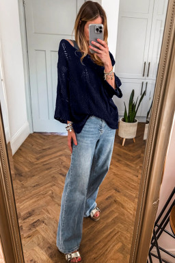 Navy Blue Hollow Out Knit 3/4 Sleeve Loose Sweater