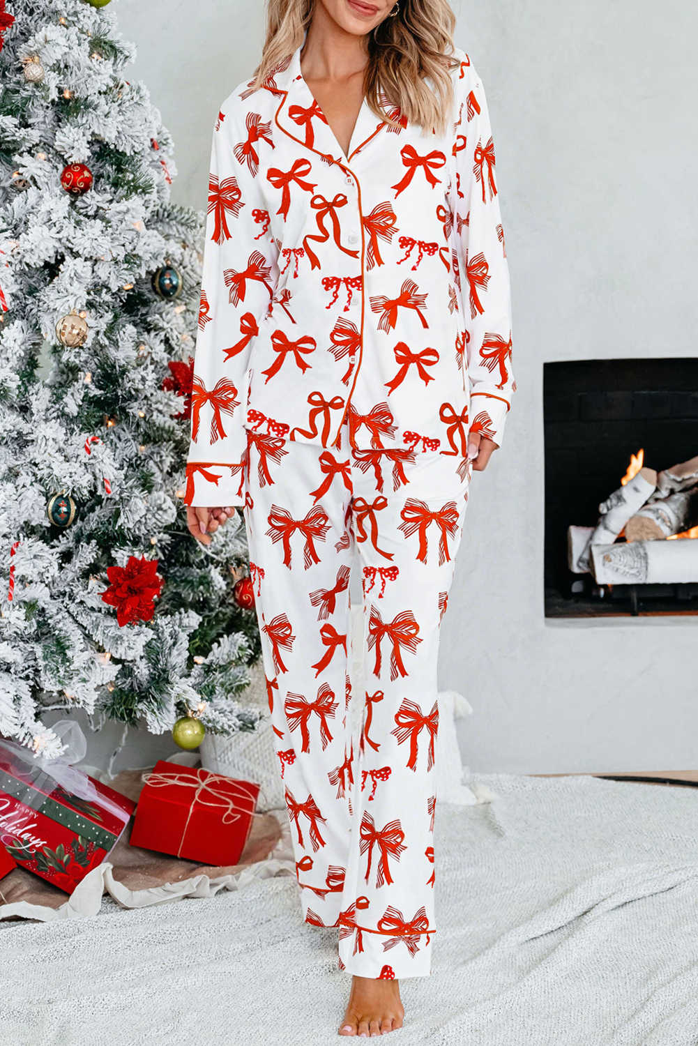 Red Christmas Bow Print Long Sleeve 2pcs Pajama Set