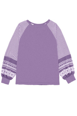 Tillandsia Purple Contrast Print Striped Raglan Long Sleeve Loose Top