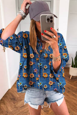 Blue Floral Patchwork Collared V Neck Blouse