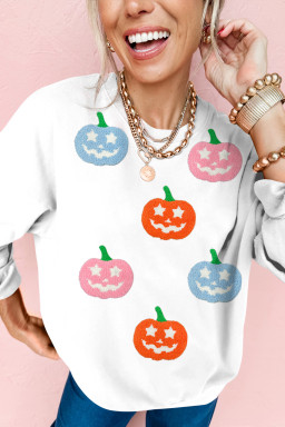 White Cute Halloween Pumpkin Sequins Patch Graphic Sweatshirt