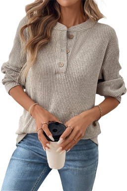 Simply Taupe Ribbed Texture Drop Shoulder Henley Knit Top
