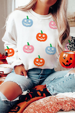 White Cute Halloween Pumpkin Sequins Patch Graphic Sweatshirt