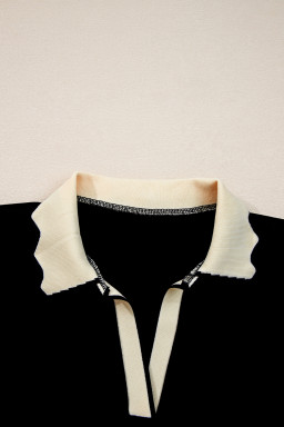 Black Scallop Trim Colorblock Long Sleeve Collared Top