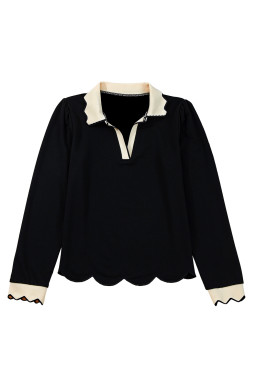 Black Scallop Trim Colorblock Long Sleeve Collared Top