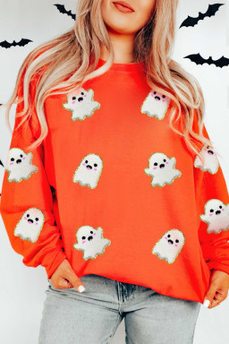 Orange Halloween Ghost Cute Patch Application Pattern Holiday Sweatshirt