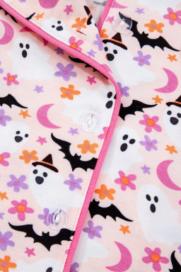 Pink Cute Floral Halloween Ghost Print Long Pajama Set