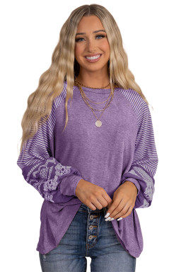 Tillandsia Purple Contrast Print Striped Raglan Long Sleeve Loose Top